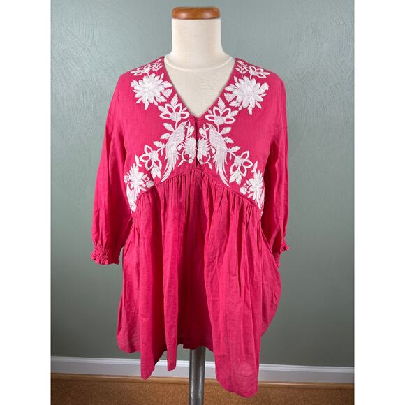 Utsa by Westside Women Large Fuschia Floral Embroidered Boho Peasant Blouse Tops - Picture 9 of 13